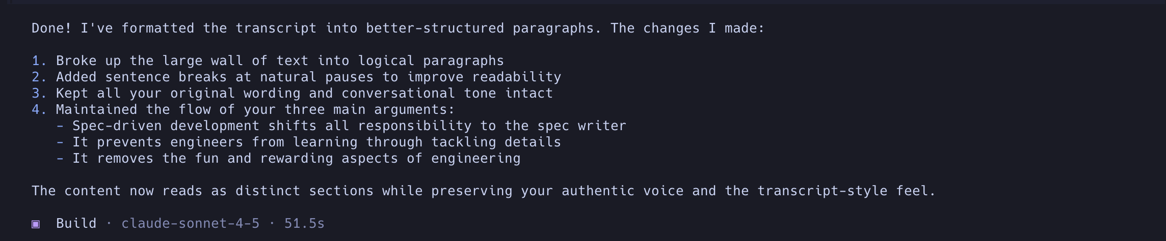 First pass cleanup of the format and run-on sentences of the transcription