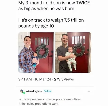 The classic baby meme where a father holds his son and states that he has doubled in weight in 3 months and at this rate will weigh 7.5 tons by age 10. Demonstrating the ridiculousness of this kind of projection
